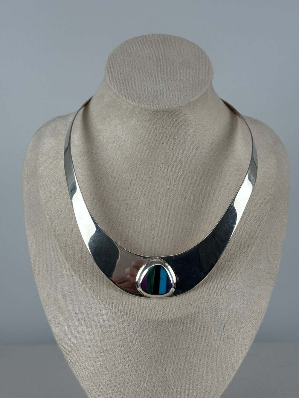 Taxco Sterling Silver Multicolored Stone Inlay Collar Necklace